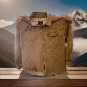 Woolrich Men's Tan Fleece Lined Canvas Overshirt Jacket w Button Closure Pockets